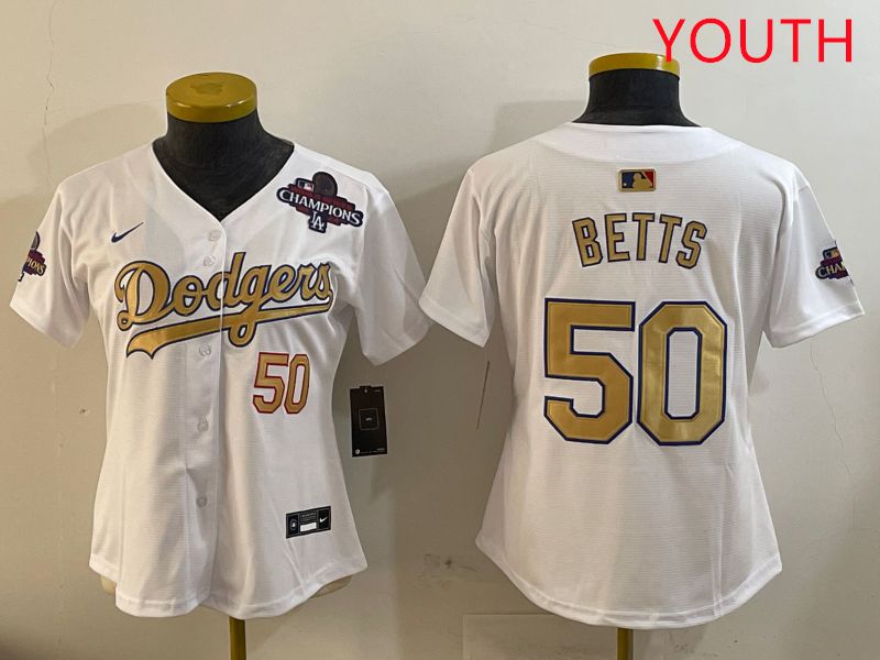 Youth Los Angeles Dodgers #50 Betts White Champion gold character 2025 Nike MLB Jersey style 4091